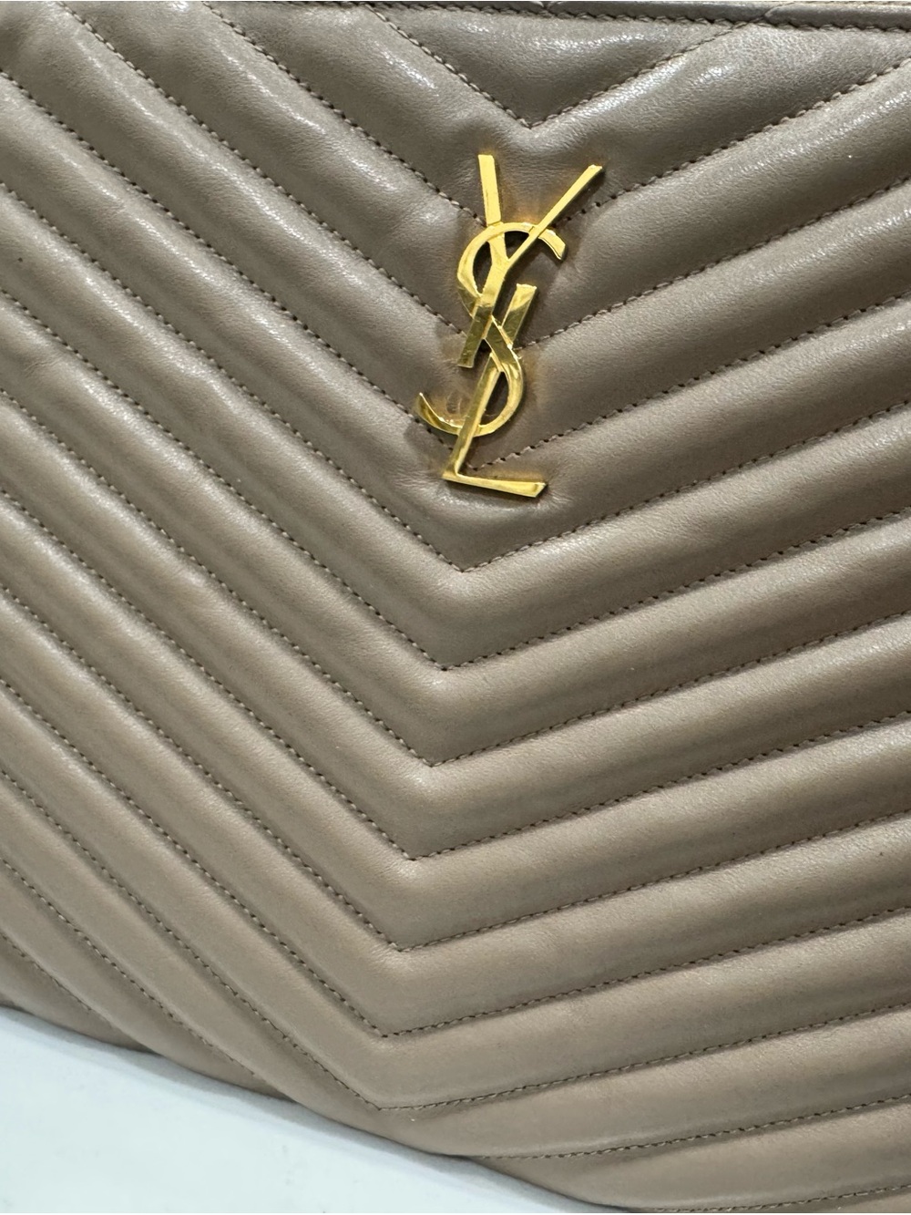 Saint Laurent Chevron Quilted Shoulder Bag in Taupe with Gold Hardware